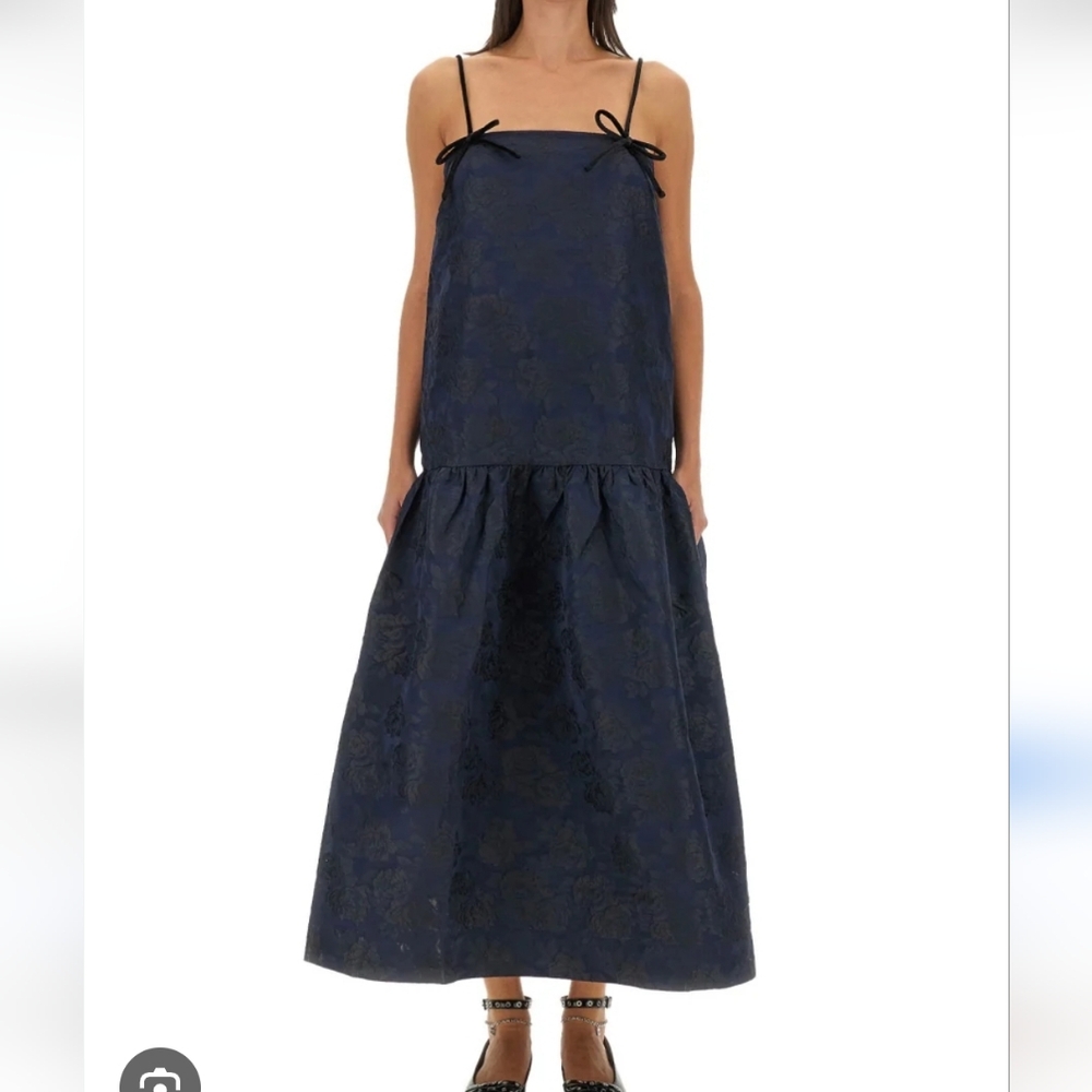 Ganni Navy Blue Botanical Jacquard Floral Bow Strap Dress Size 38, US6